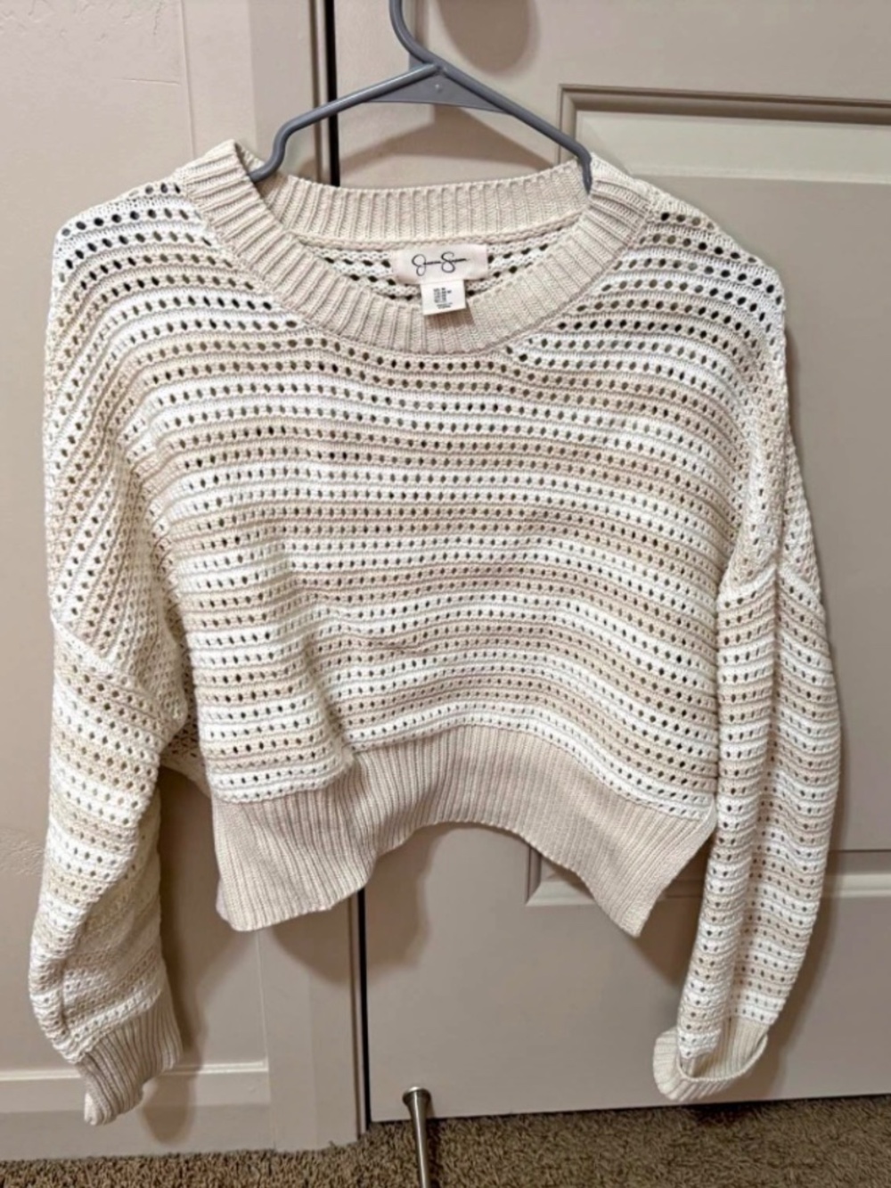 Jessica Simpson tan and white sweater